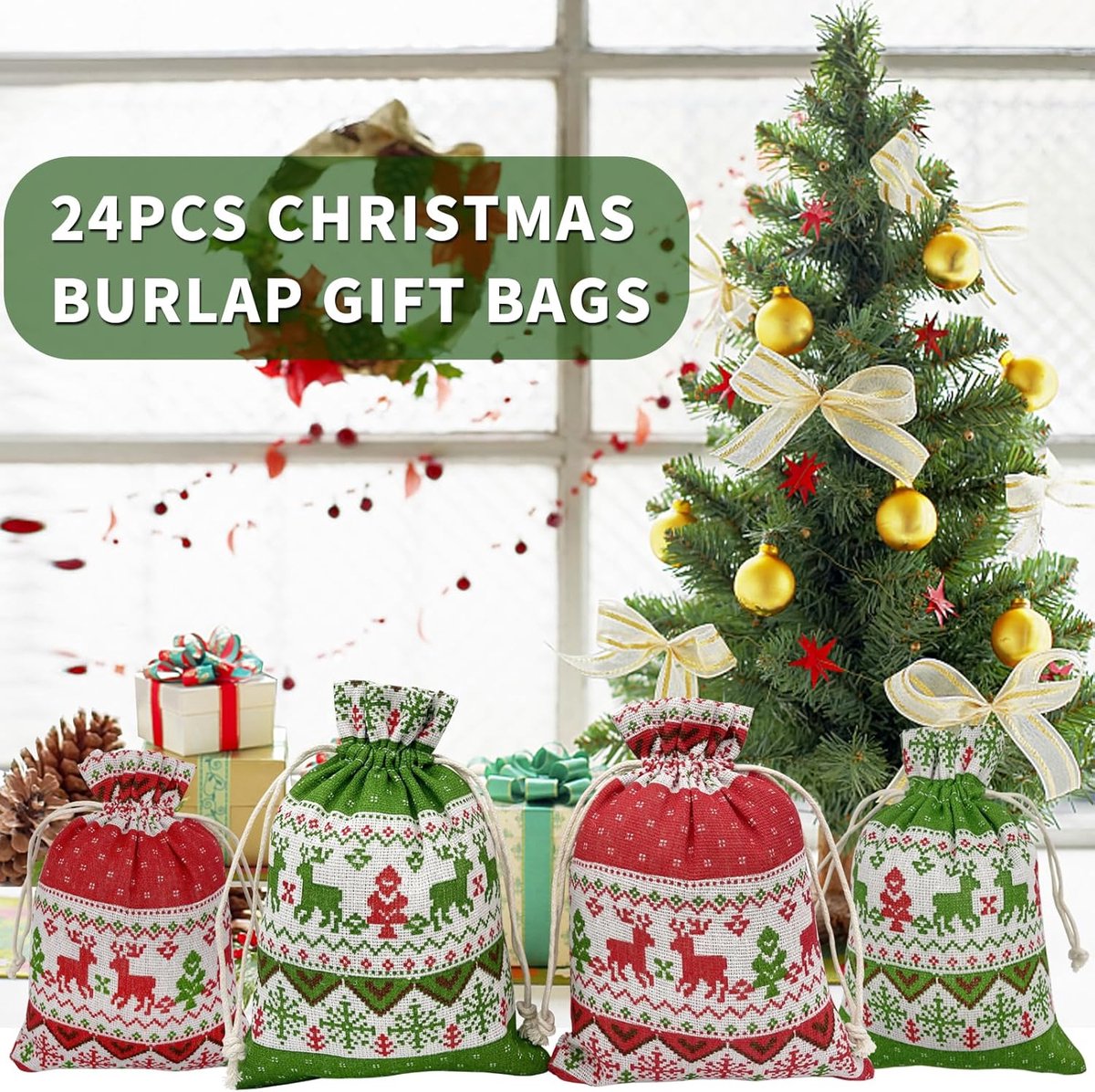 Christmas linen gift bags - 24 pieces - 13x18cm - Christmas decoration for indoors - Reusable - Christmas candy bags with drawstring - Suitable for gift bags for children's parties during the Christmas holidays
