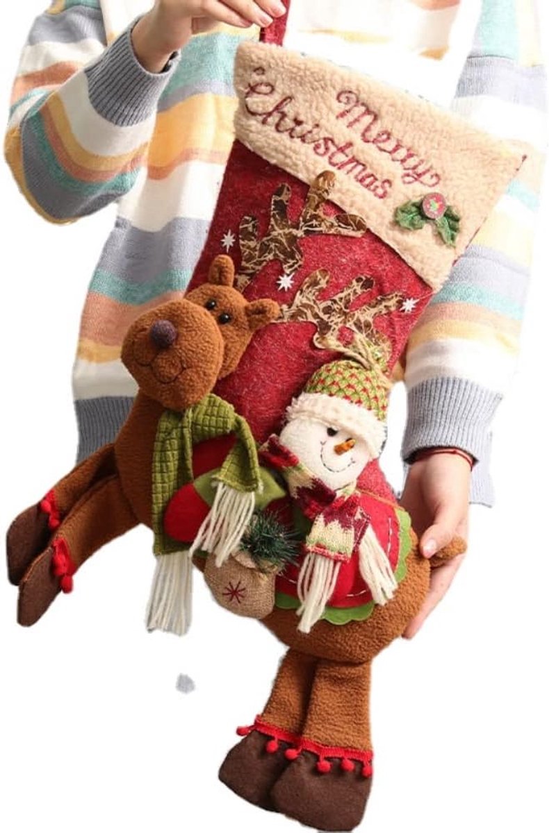 Gift Bags - 23 Inch Christmas Stockings - Santa and Reindeer Pattern - Extra Soft Plush Cuff - Classic Christmas Stocking Decoration - Perfect for Family Holiday Decor(B)