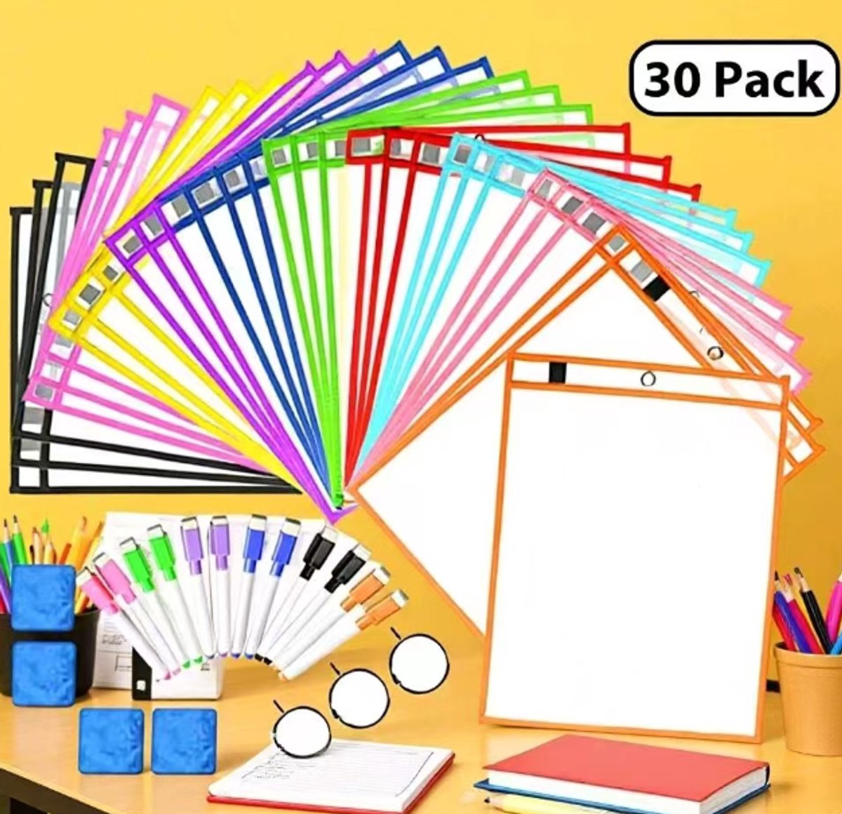 Erasable and Writable Folders - Pack of 30 | Includes 30 water-based whiteboard markers and 3 iron rings - Transparent plastic folders/protective covers - Drawing and tracing bags - Erasable and writable - Random colors