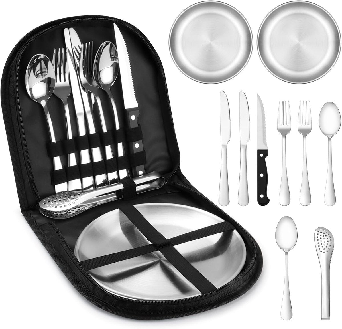 2 Person Cutlery Set (10-piece) - Camping Set for 2 People - Spoons, Knives, Forks, Steak Knives - 10 Pieces Stainless Steel Cutlery - Including Carrying Bag - For Picnic & Travel - Silver