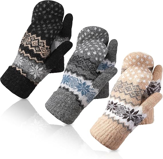 Pack of 3 pairs - Warm winter gloves for women - Extra thick - Knitted imitation - Suitable for cold winter weather (style E)