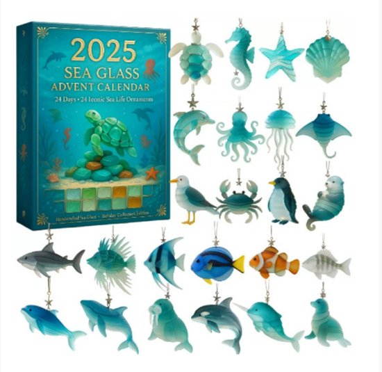 Advent Calendar 2025 - Ocean Creatures Glass Advent Calendar - Includes 24 unique, handcrafted 2D ocean-themed ornaments - cute and realistic sea creature Christmas decorations