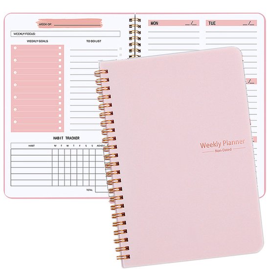 Weekly planner - Notebook for weekly to-do list - With goals and habit tracker - A5 format - Spiral binding - Unisex (Pink, Type A)