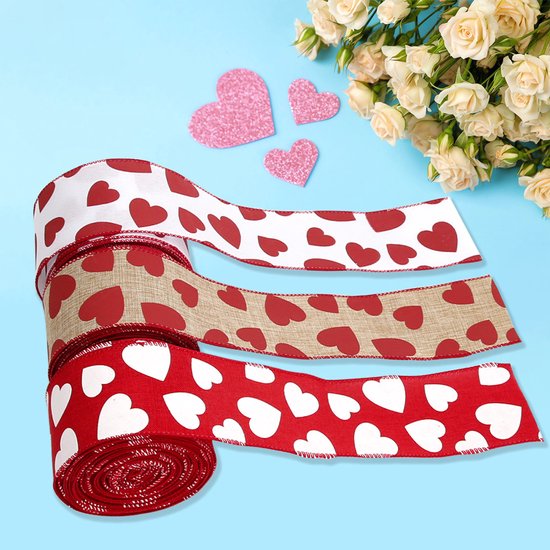 Valentine's Day Ribbons - 3 Rolls - Handmade Ribbons - Heart Pattern - Natural Texture - Suitable for wrapping flowers and party decorations (1m)