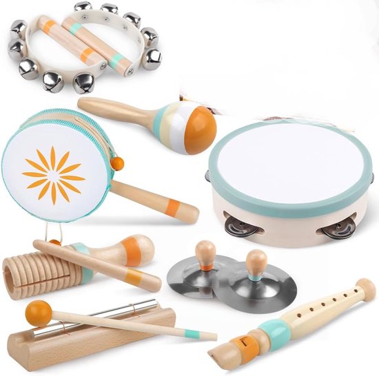 8-Piece Musical Instrument Set for Kids - Toddler Musical Toys - Wooden Percussion Instrument Set - Neutral Color Modern Bohemian Musical Toys - Birthday Gift for Preschoolers