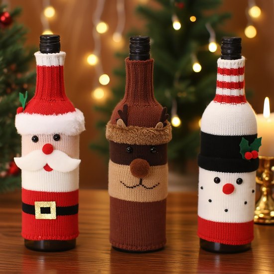 Wine Bottle Decorations - 3 Pieces - Wine Bottle Sleeves - Wine Bottle Bags - Christmas Decorations - Cartoon Knitted Old Man and Snowman Wine Bottle Sleeves - Festive Restaurant Decorations
