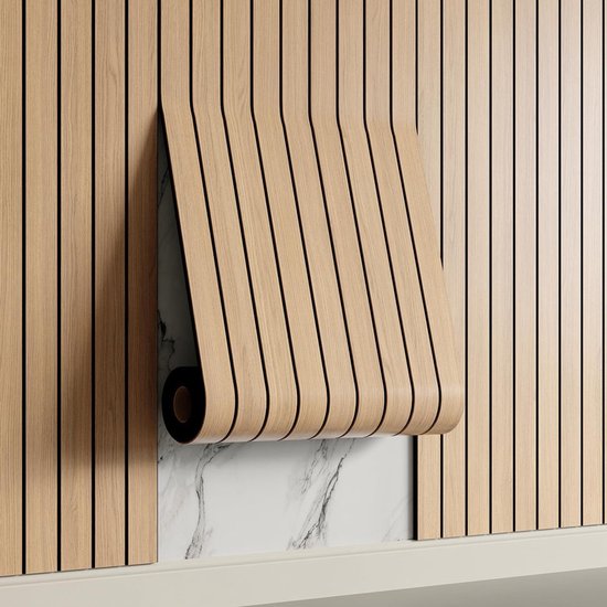 2 Pack Peel and Stick Oak Wood Slat Feature Wall Panels 300x40cm Each | DIY TV Headboard PVC Decor Wall Liner for Interior Wall & Ceiling Makeover(1037B-18)