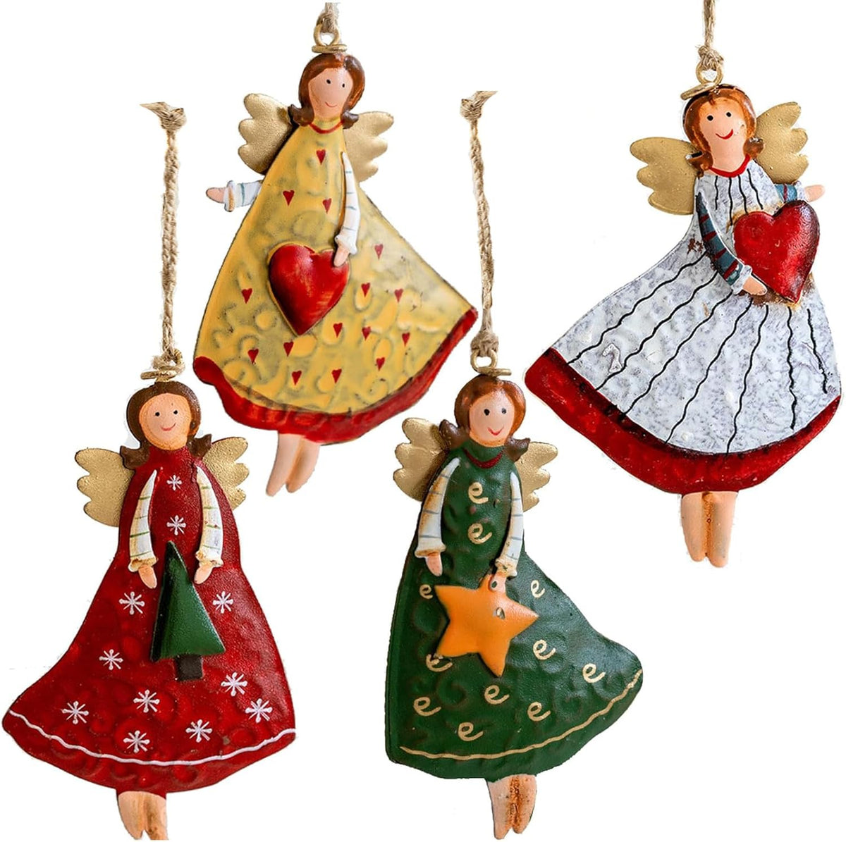 4 Pack Colourful Metal Angel Christmas Hanging Ornaments for Trees, Wreaths, Mantels and Festive Home Decoration