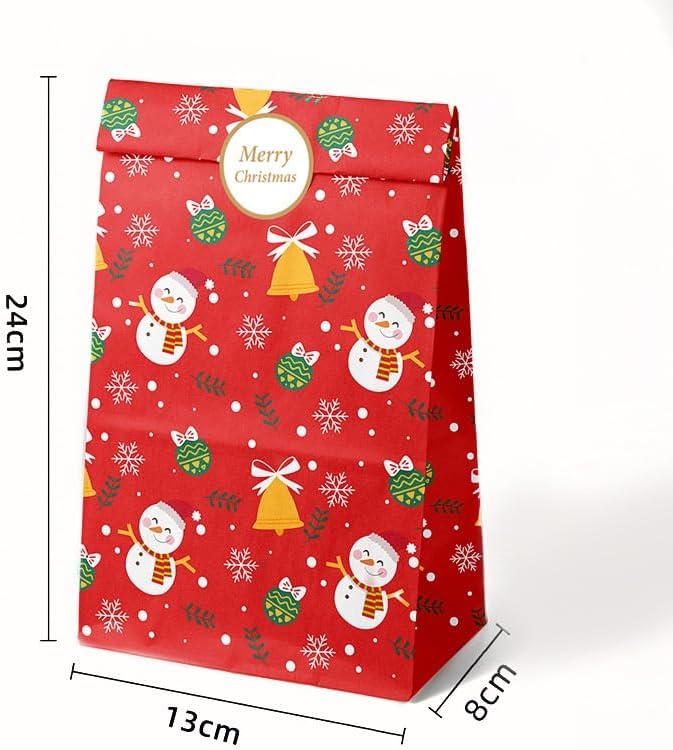 24 Pack Kraft Paper Christmas Gift Bags with Festive Prints and Sealing Stickers for Treats, Small Presents and Party Favours