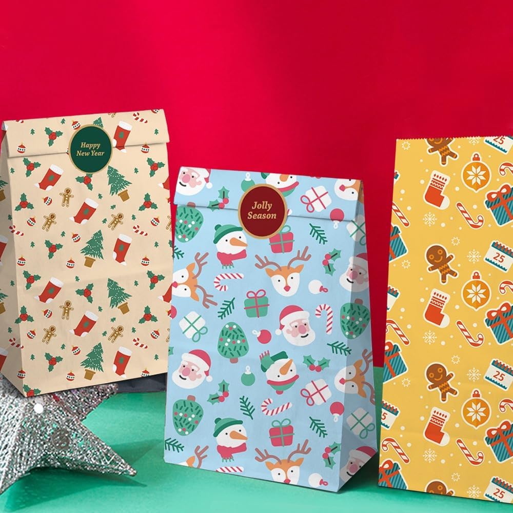 24 Pack Kraft Paper Christmas Gift Bags with Festive Prints and Sealing Stickers for Treats, Small Presents and Party Favours
