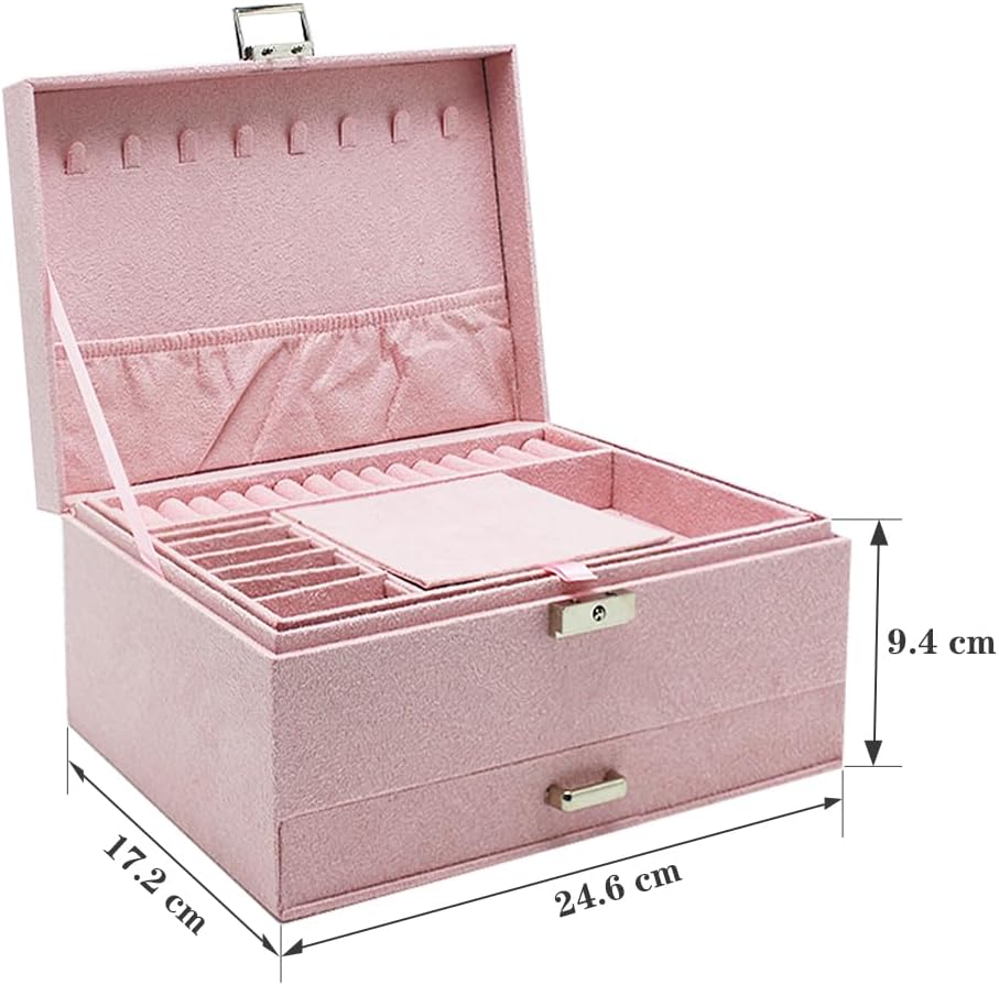 3-Layer Velvet Jewellery Box with Lock, Large Storage Organiser with Drawers and Compartments for Rings and Watches, Pink