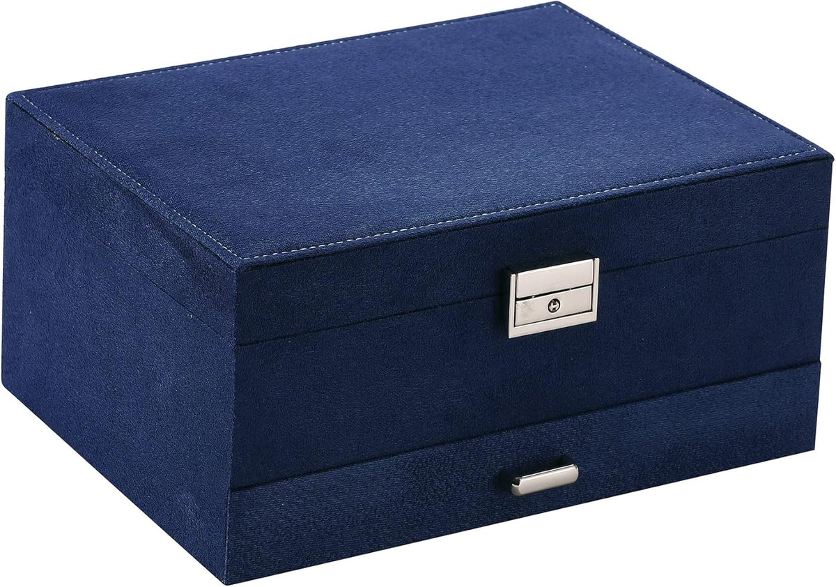 3-Layer Velvet Jewellery Box with Lock, Large Storage Organiser with Drawers and Compartments for Rings and Watches, Blue
