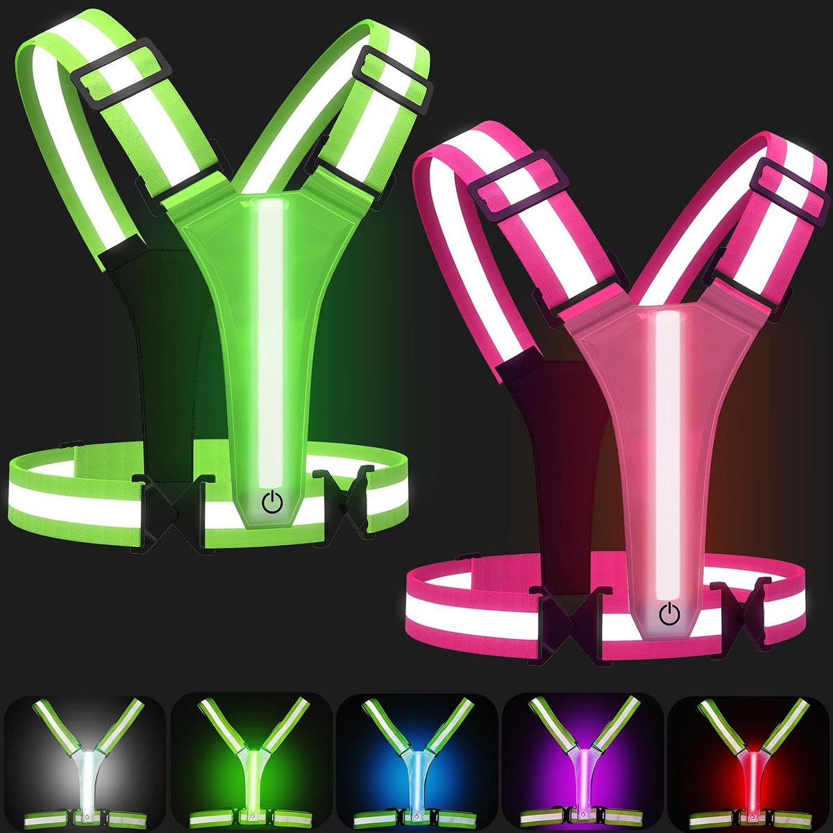 Rechargeable LED Reflective Running Vest, Adjustable High Visibility Gear for Night Walking, Cycling, Jogging and Exercise, Green and Pink