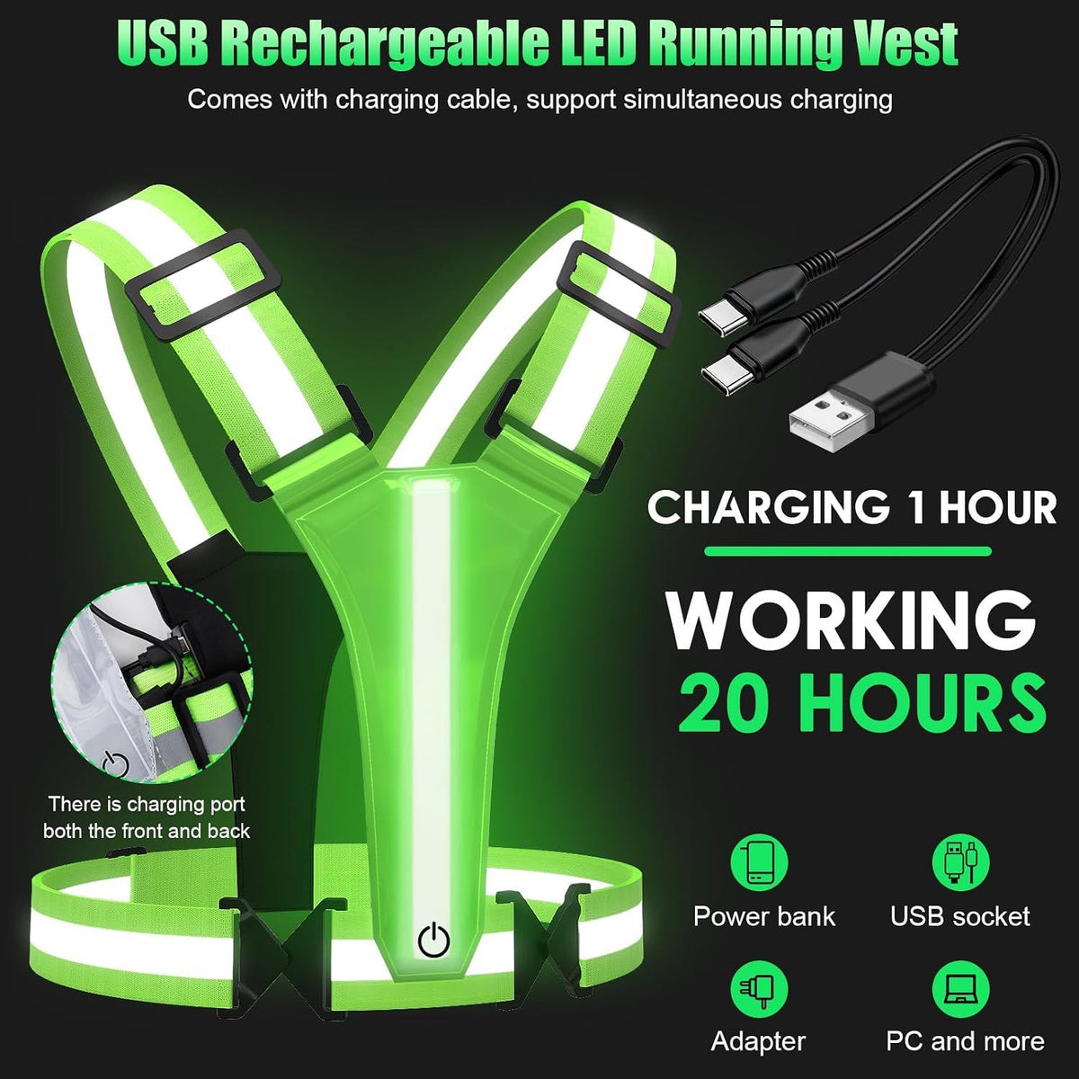 Rechargeable LED Reflective Running Vest, Adjustable High Visibility Gear for Night Walking, Cycling, Jogging and Exercise, Green and Pink
