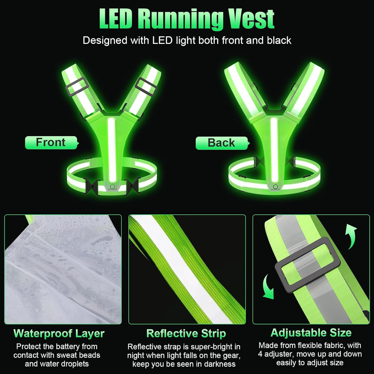 Rechargeable LED Reflective Running Vest, Adjustable High Visibility Gear for Night Walking, Cycling, Jogging and Exercise, Green and Pink