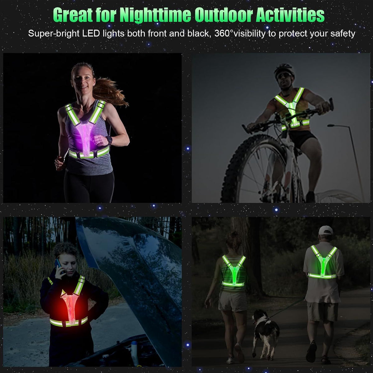Rechargeable LED Reflective Running Vest, Adjustable High Visibility Gear for Night Walking, Cycling, Jogging and Exercise, Green and Pink
