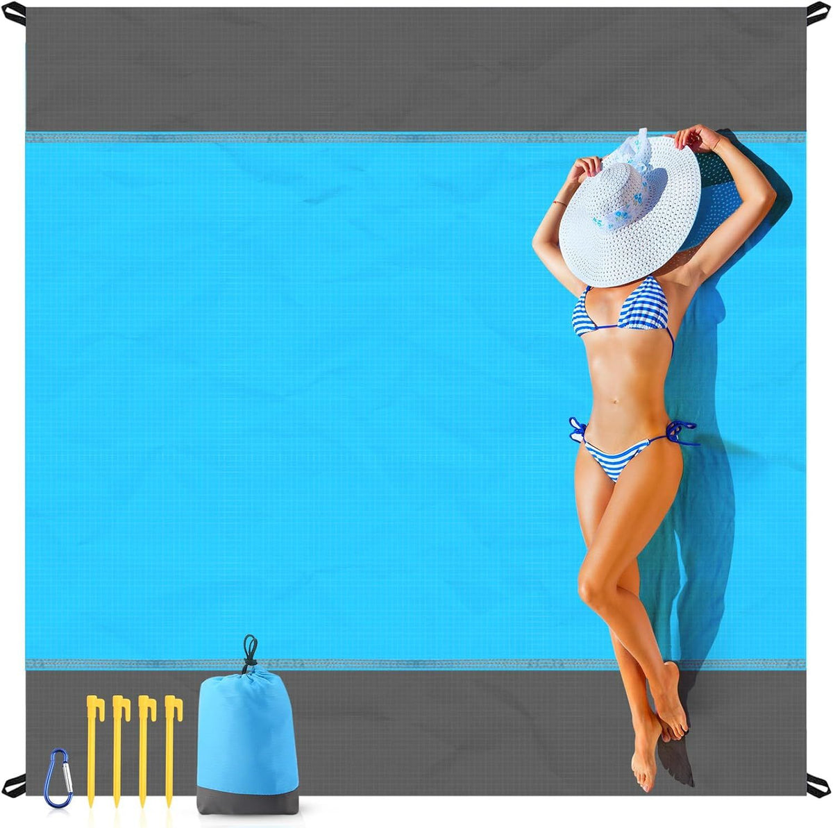 Oversized Sandproof Beach Blanket, Water Resistant Picnic Mat for Camping, Hiking, Travel and Family Beach Days, Blue, 200 x 210 cm