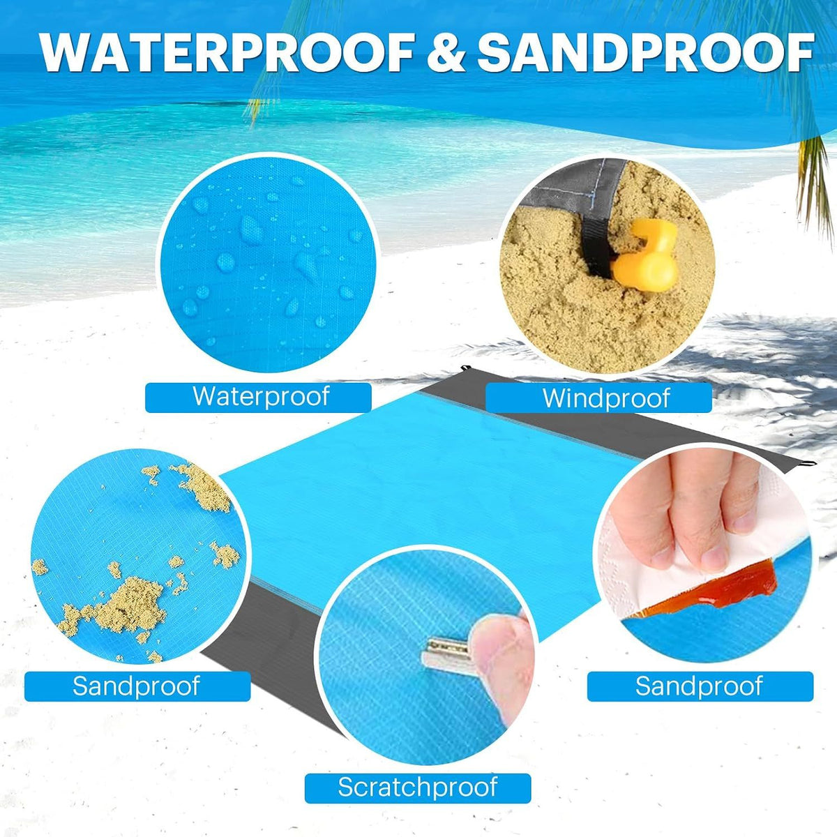 Oversized Sandproof Beach Blanket, Water Resistant Picnic Mat for Camping, Hiking, Travel and Family Beach Days, Blue, 200 x 210 cm
