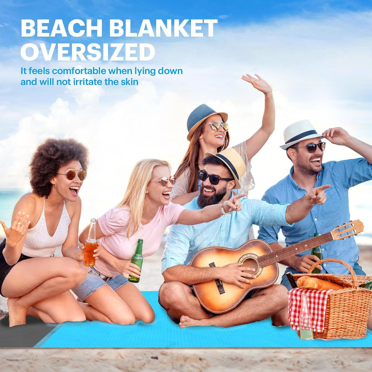 Oversized Sandproof Beach Blanket, Water Resistant Picnic Mat for Camping, Hiking, Travel and Family Beach Days, Blue, 200 x 210 cm