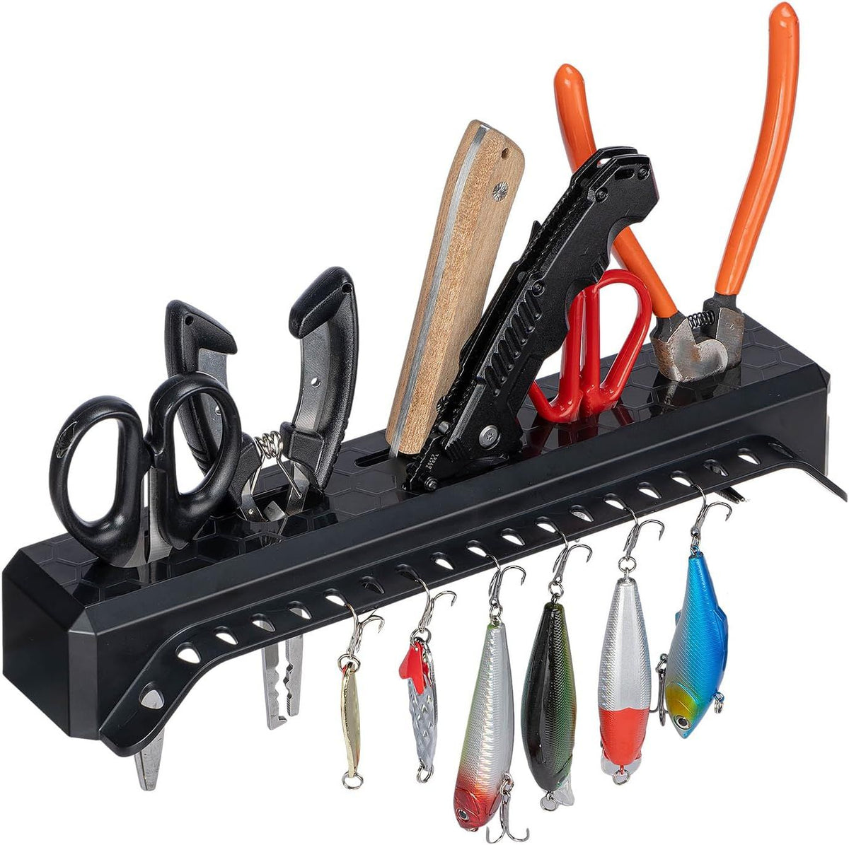 Marine Fishing Tool Holder Rack, Boat Mounted Organiser for Hooks, Knives, Pliers, Bait, Lures and Tackle Storage, Black