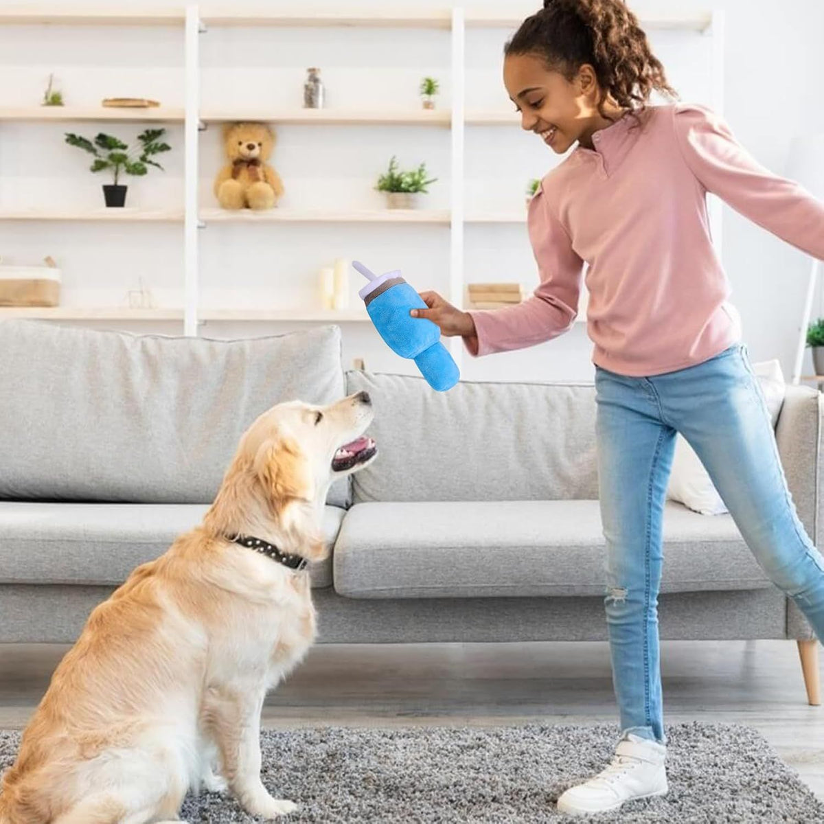 Squeaky Plush Dog Toy Tumbler, Durable Interactive Chew Toy for Small, Medium and Large Dogs, Soft Blue Cup Design for Playtime