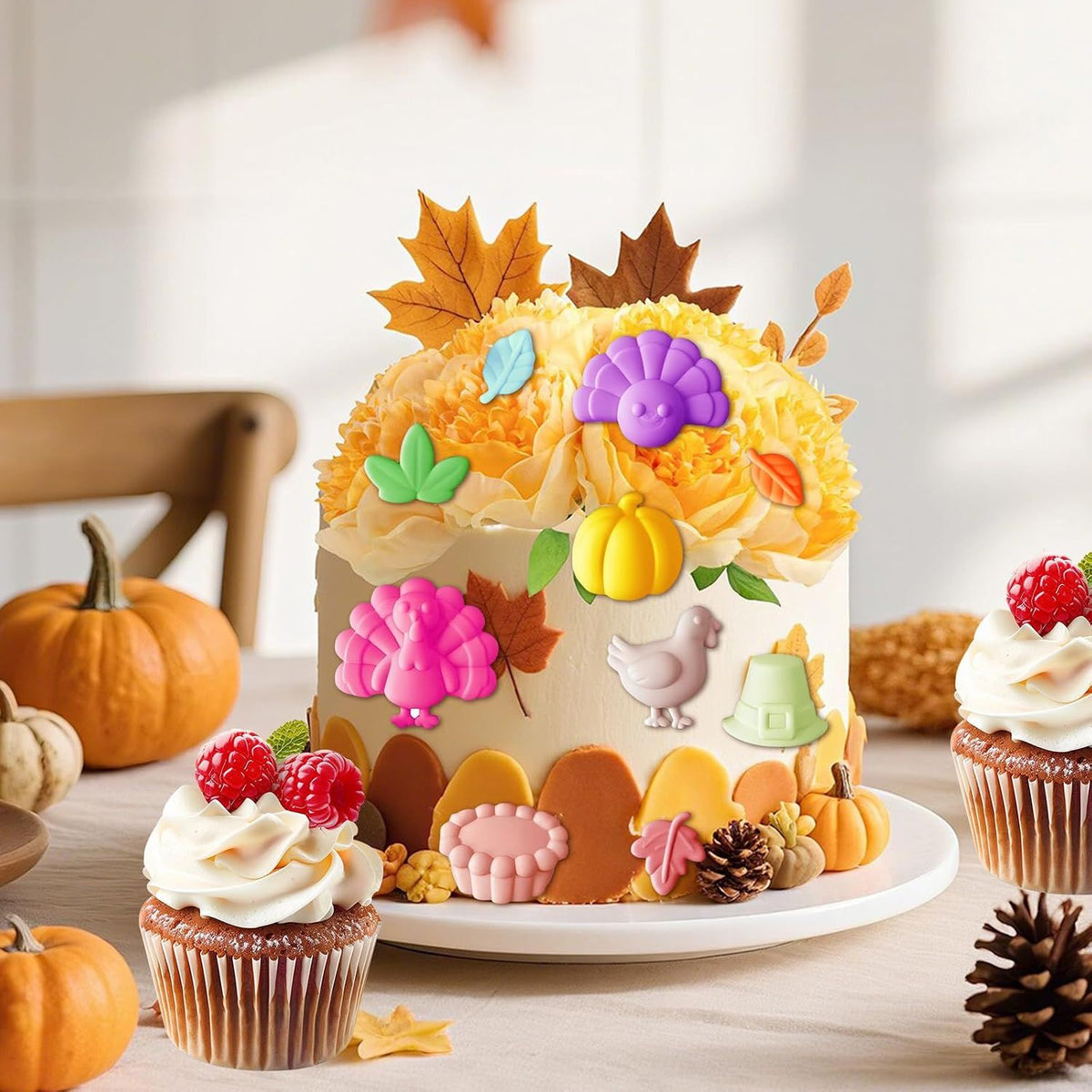 2 Pack Fall Thanksgiving Chocolate Silicone Molds, Autumn Pumpkin Turkey Leaves Silicone Molds Baking Soap for Halloween Autumn Cupcake Cake Topper
