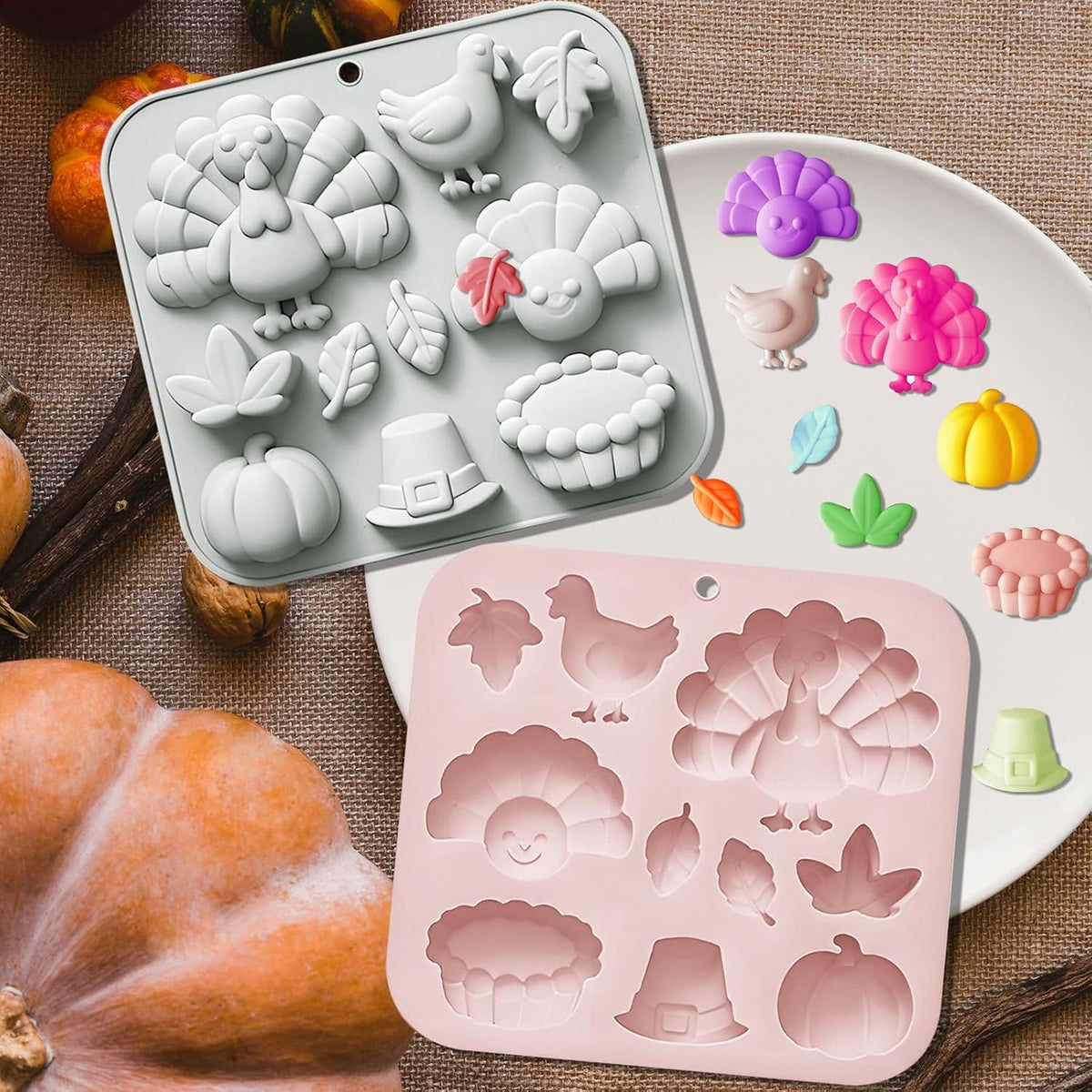 2 Pack Fall Thanksgiving Chocolate Silicone Molds, Autumn Pumpkin Turkey Leaves Silicone Molds Baking Soap for Halloween Autumn Cupcake Cake Topper