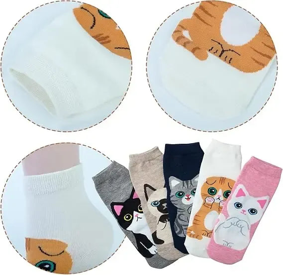 Women's Cute Animal Socks Pack 5 Pairs, Cat Dog Owl Designs in Bright Colors, Soft Breathable Cotton Blend for UK 6-8, Perfect Fun Gift for Christmas