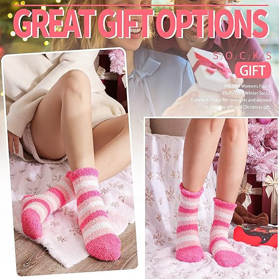 Pink Thick Plush Winter Socks 6 Pairs for Women, Cozy Fuzzy Warm Lining Soft Breathable Fit US 5-10, Perfect for Slipper Christmas and Outdoor Wear