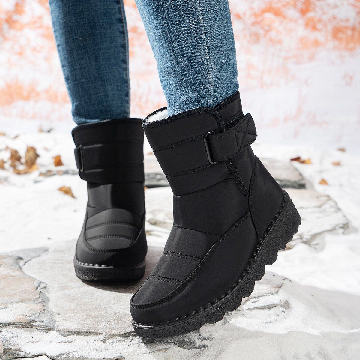 Women's Fleece-Lined Snow Boots, Waterproof Warm Winter Boots with Non-Slip Sole for Cold Weather Outdoor Walking, Size 37, Black