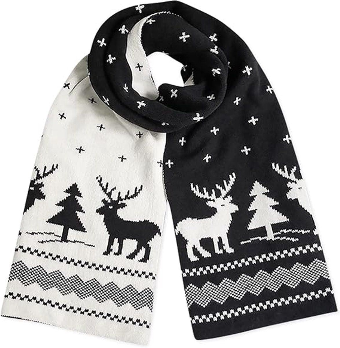 Warm Winter Scarf, Christmas Gift Neck Scarf, Double-sided Knit Scarf, Christmas Tree Moose, Perfect for Christmas and Winter Holidays, Black