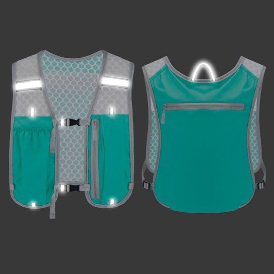 Reflective Running Vest with Phone Holder, Hydration Bladder Pocket and Adjustable Straps for Cycling and Marathons, Turquoise and White