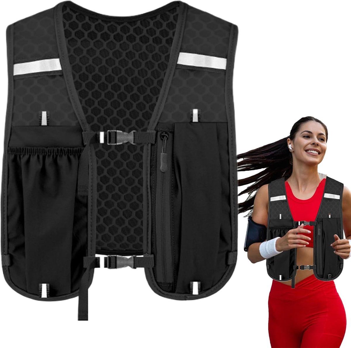 Lightweight Reflective Running Vest with Phone Holder, Adjustable Straps for Cycling and Marathons, Black