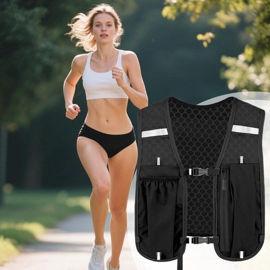 Lightweight Reflective Running Vest with Phone Holder, Adjustable Straps for Cycling and Marathons, Black