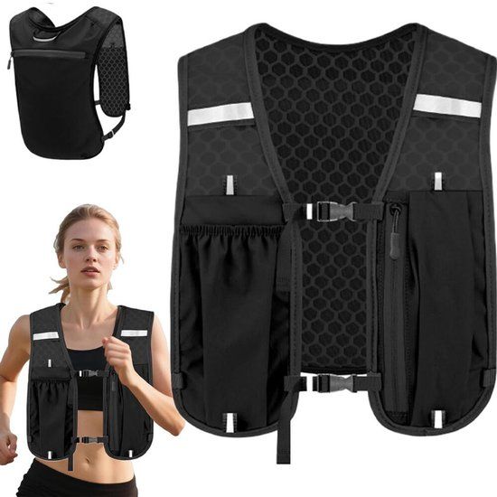 Lightweight Reflective Running Vest with Phone Holder, Adjustable Straps for Cycling and Marathons, Black