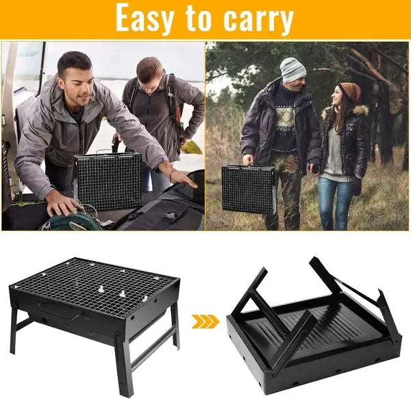 1 Piece Foldable Charcoal Grill, Stainless Steel Tabletop BBQ for Camping, Picnics, Gardens and Travel, Black, 35 x 17 x 23 cm