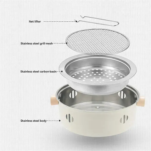 1 Piece Round Charcoal Grill Stove, Multifunctional Stainless Steel Portable BBQ for Outdoor Camping and Home Cooking, 28 cm