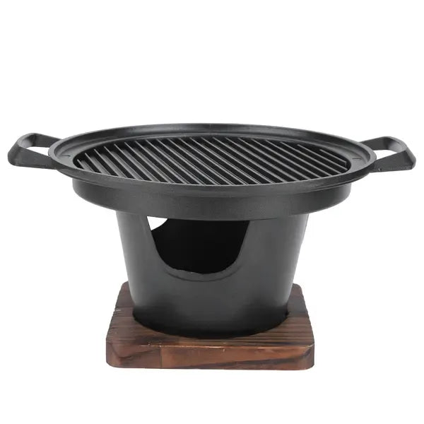 1 Piece Korean Smokeless Charcoal BBQ Grill, Aluminium Grill with Wood Base for Home Barbecues, Black, 26 x 21 x 12.5 cm