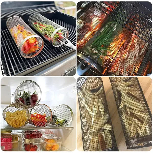4 Pack Stainless Steel Rotisserie Grill Baskets with Stand, Cylindrical Mesh Tubes for Vegetables and Outdoor BBQ, Small, Silver
