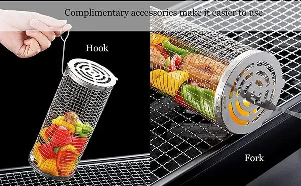 2 Pack Stainless Steel Rolling Grill Baskets with Hooks and Forks for Vegetables, Seafood, Camping and Home BBQ, Silver, 31 cm and 21 cm