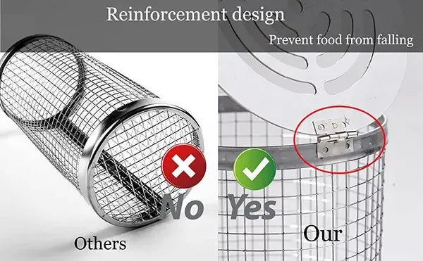 2 Pack Stainless Steel Rolling Grill Baskets with Hooks and Forks for Vegetables, Seafood, Camping and Home BBQ, Silver, 31 cm and 21 cm