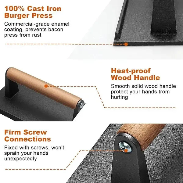 Heavy Duty Cast Iron Smash Burger Press Set with Ergonomic Wooden Handle and Ribbed Base for BBQ Griddles and Home Cooking