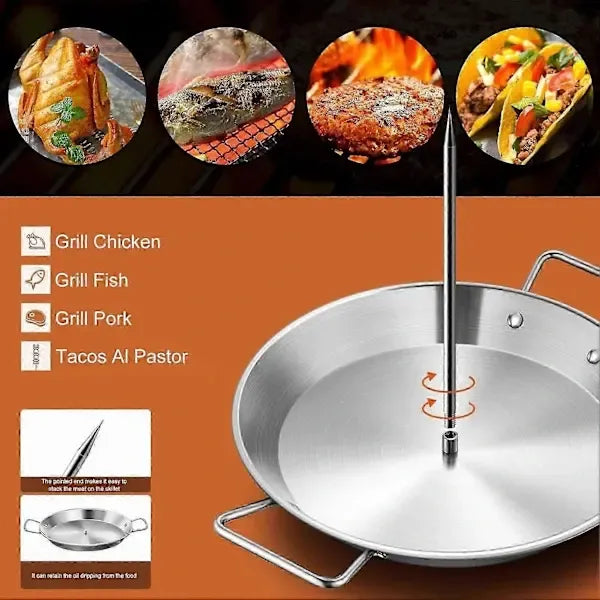 Vertical Stainless Steel Shawarma Skewer Rack with 3 Removable Spikes and Drip Pan for BBQ Roasting, Kebabs and Grilling, 23 cm