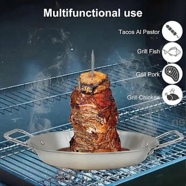 Vertical Stainless Steel Shawarma Skewer Rack with 3 Removable Spikes and Drip Pan for BBQ Roasting, Kebabs and Grilling, 23 cm