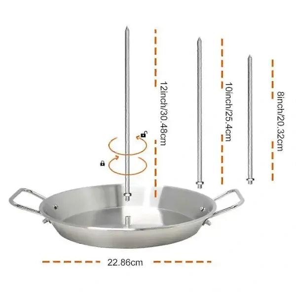 Vertical Stainless Steel Shawarma Skewer Rack with 3 Removable Spikes and Drip Pan for BBQ Roasting, Kebabs and Grilling, 23 cm