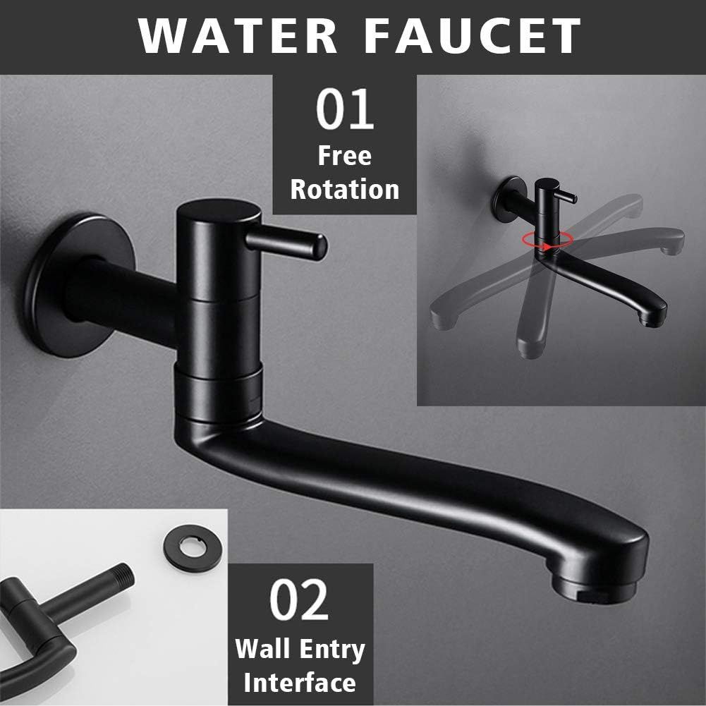 Wall-mounted cold water faucet for washing machine, mop, pool and garden, stainless steel material, Black Finish