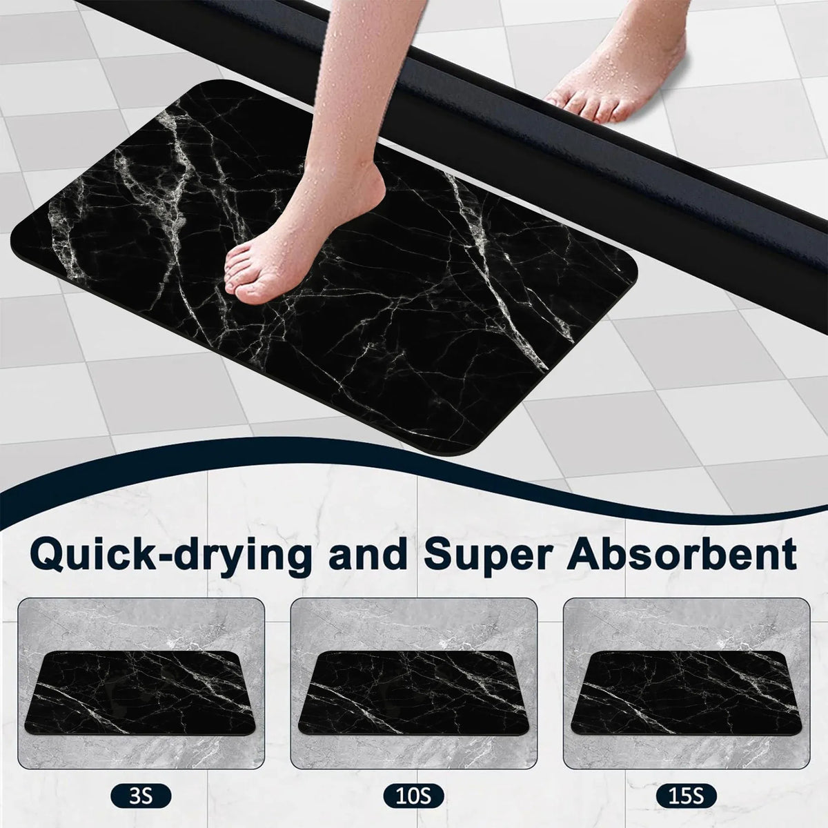 1 Piece Marble Texture Bathroom Rug, Non-Slip Quick Dry Bath Mat for Tub, Shower, Floor and Indoor Outdoor Use, Black