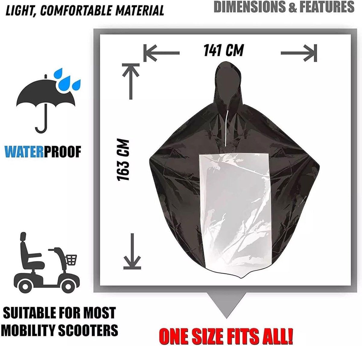 sets Luxury poncho for mobility scooter - Lightweight rain with window Universal fit (163 x 141 cm) Ideal for protection against Replacement Part