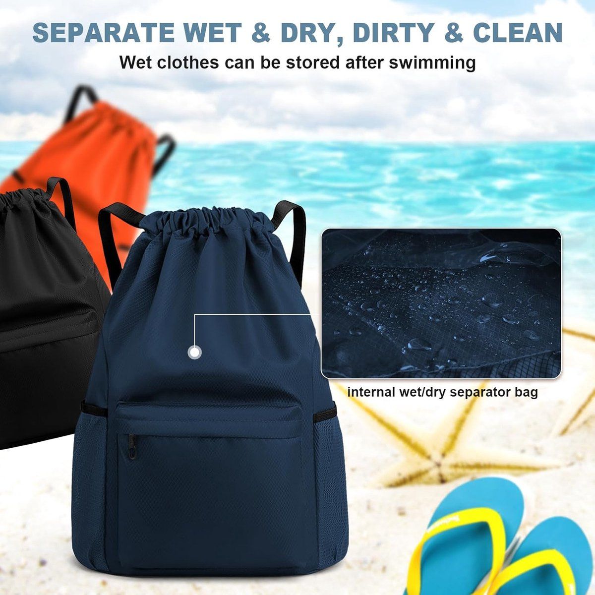 Waterproof Drawstring Gym Bag with Wet Dry Compartment, Lightweight Sports Backpack for Yoga, Dance and Travel, Orange, Small, 41.9 cm
