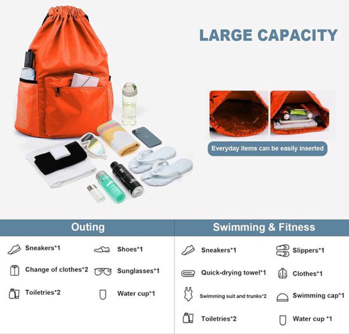 Waterproof Drawstring Gym Bag with Wet Dry Compartment, Lightweight Sports Backpack for Yoga, Dance and Travel, Orange, Small, 41.9 cm